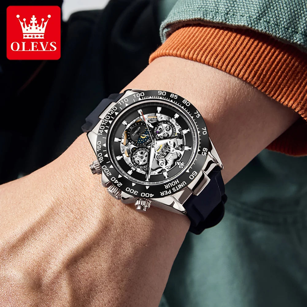 OLEVS 6713 Business Men's Watches Moon Phase Luminous Calendar Skeleton Automatic Mechanical Wristwatch for Man