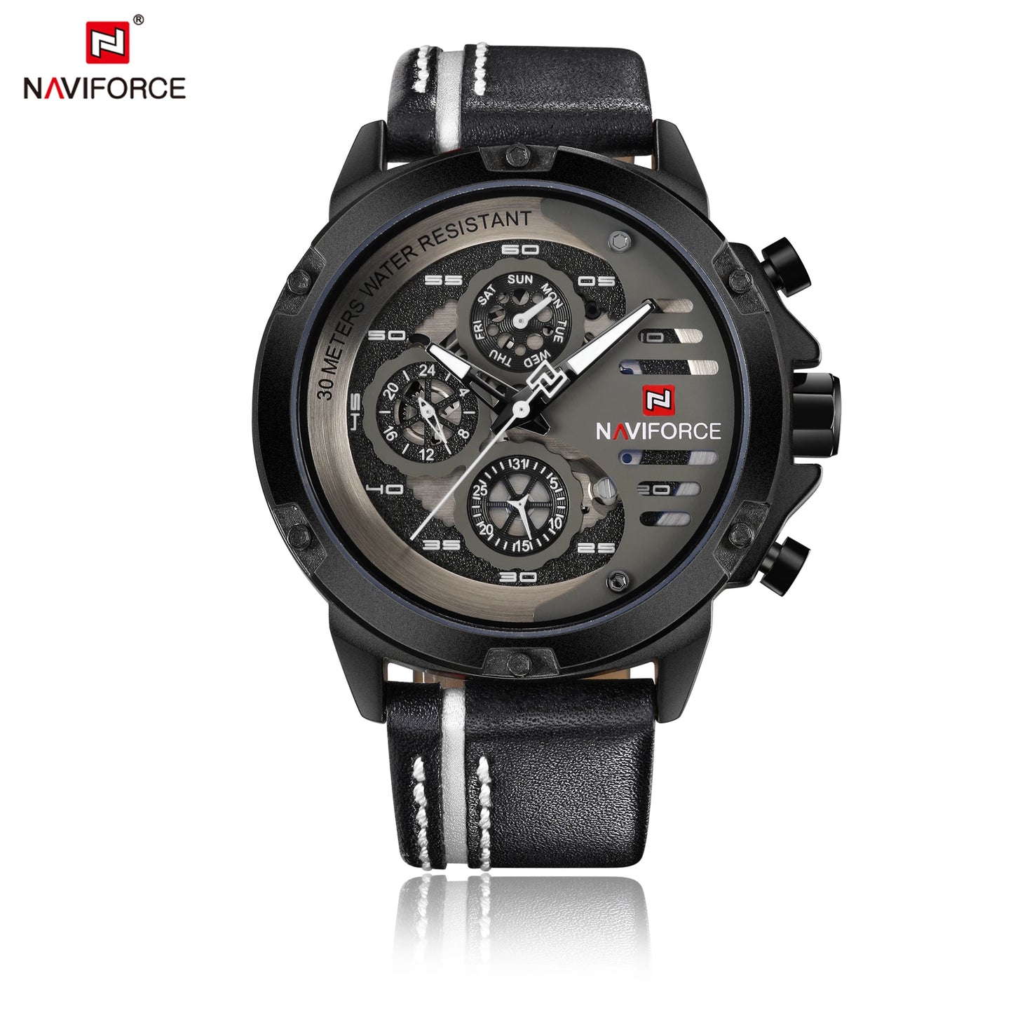 Montre Homme NAVIFORCE, Marque de Luxe, Étanche, Affichage 24 Heures, Date, Mouvement à Quartz, Bracelet en Cuir, Montre-Bracelet Sport pour Homme, Étanche