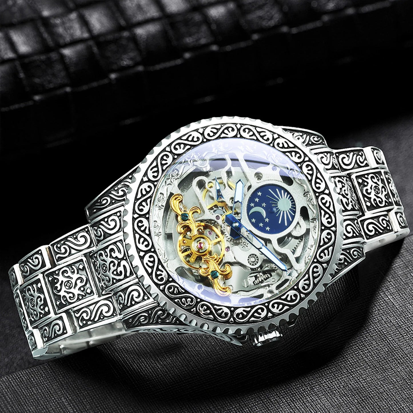Montre Mécanique Squelette de Luxe Forsining Or Phase de Lune Rétro Gravée Lumineuse Tourbillon Automatique pour Homme Bracelet en Acier