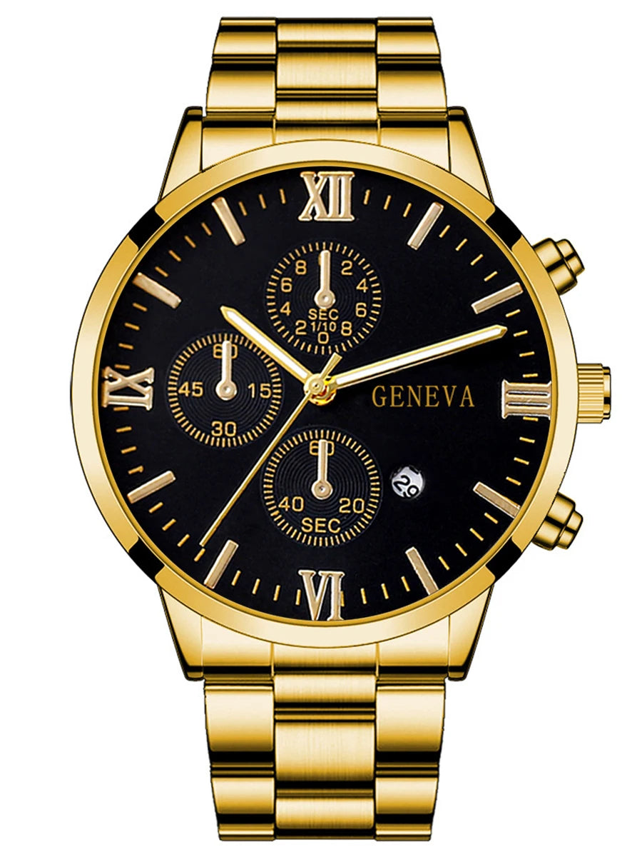 Ensemble de 4 pièces : montre à quartz pour homme en alliage doré de style romain avec calendrier et collier croix, bracelet et bague, cadeau sélectionné