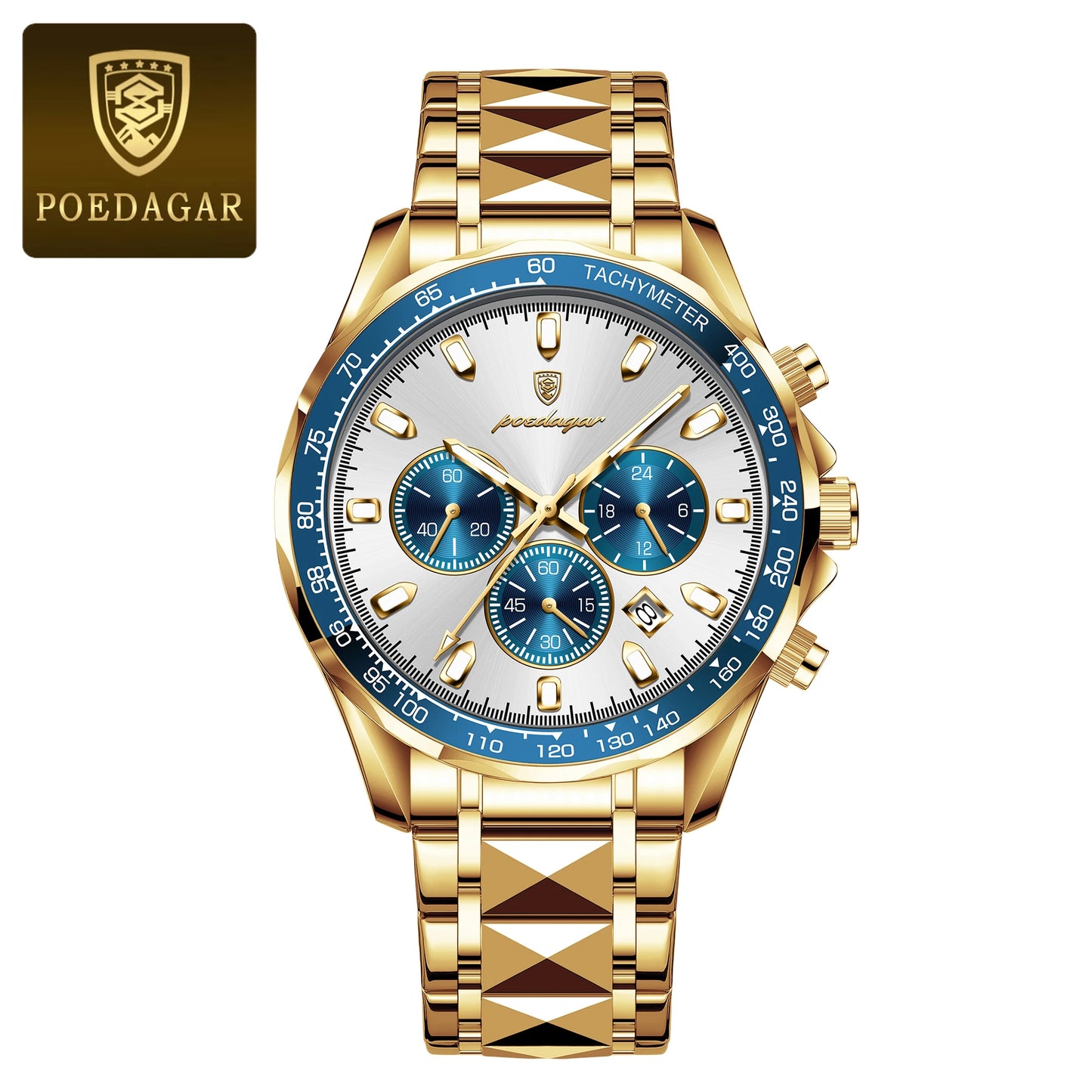 POEDAGAR Montre Homme Luxe Étanche Lumineuse en Acier Inoxydable Montre Chronographe à Quartz avec Date pour Homme d'Affaires