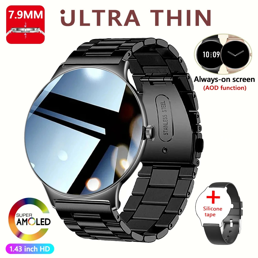 2026 Nouvelle Montre Connectée Ultra Mince 7.9MM Femmes Écran Toujours Affiché Temps Bracelet Sport Appel Bluetooth Montres Intelligentes Mode ios
