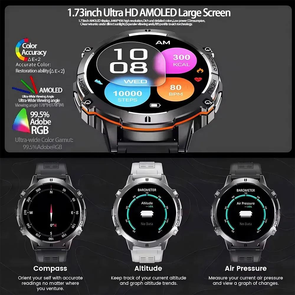Montre Connectée Militaire 2026 TANK X3 Homme Écran AMOLED 1.73" Étanche 5ATM Batterie 1000mAh GPS Suivi Sportif Fitness