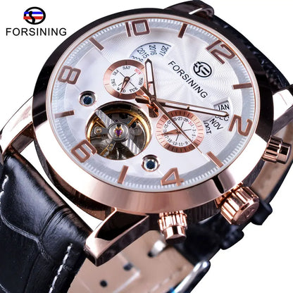 Montre mécanique automatique Forsining Tourbillon Fashion Wave noire et dorée multifonction pour homme, marque de luxe de qualité supérieure