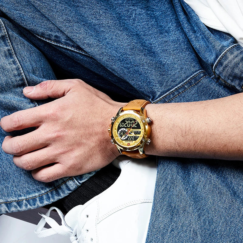 NAVIFORCE Marque Classique Homme Cuir Véritable Étanche Montre-Bracelet Sports Décontracté Mâle Quartz Numérique Militaire Chronographe Horloges