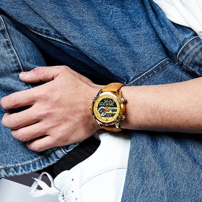 NAVIFORCE Marque Classique Homme Cuir Véritable Étanche Montre-Bracelet Sports Décontracté Mâle Quartz Numérique Militaire Chronographe Horloges