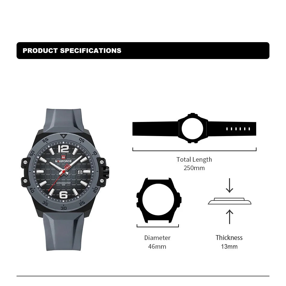 Montre Homme NAVIFORCE Étanche 50m Bracelet Silicone Mouvement Quartz Montre-Bracelet Sport Décontractée Tendance pour Homme Cadeau