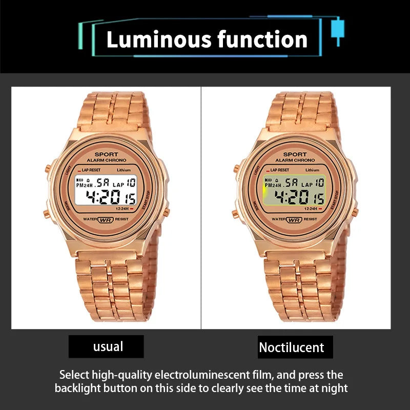 Montre électronique LED décontractée pour femmes, montre numérique LED rétro à bracelet en acier inoxydable pour dames, montre-bracelet de sport multifonction