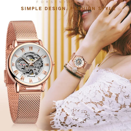 Forsining 099L Montre squelette élégante et tendance pour femmes, nouvelles montres-bracelets mécaniques de luxe en or rose pour dames