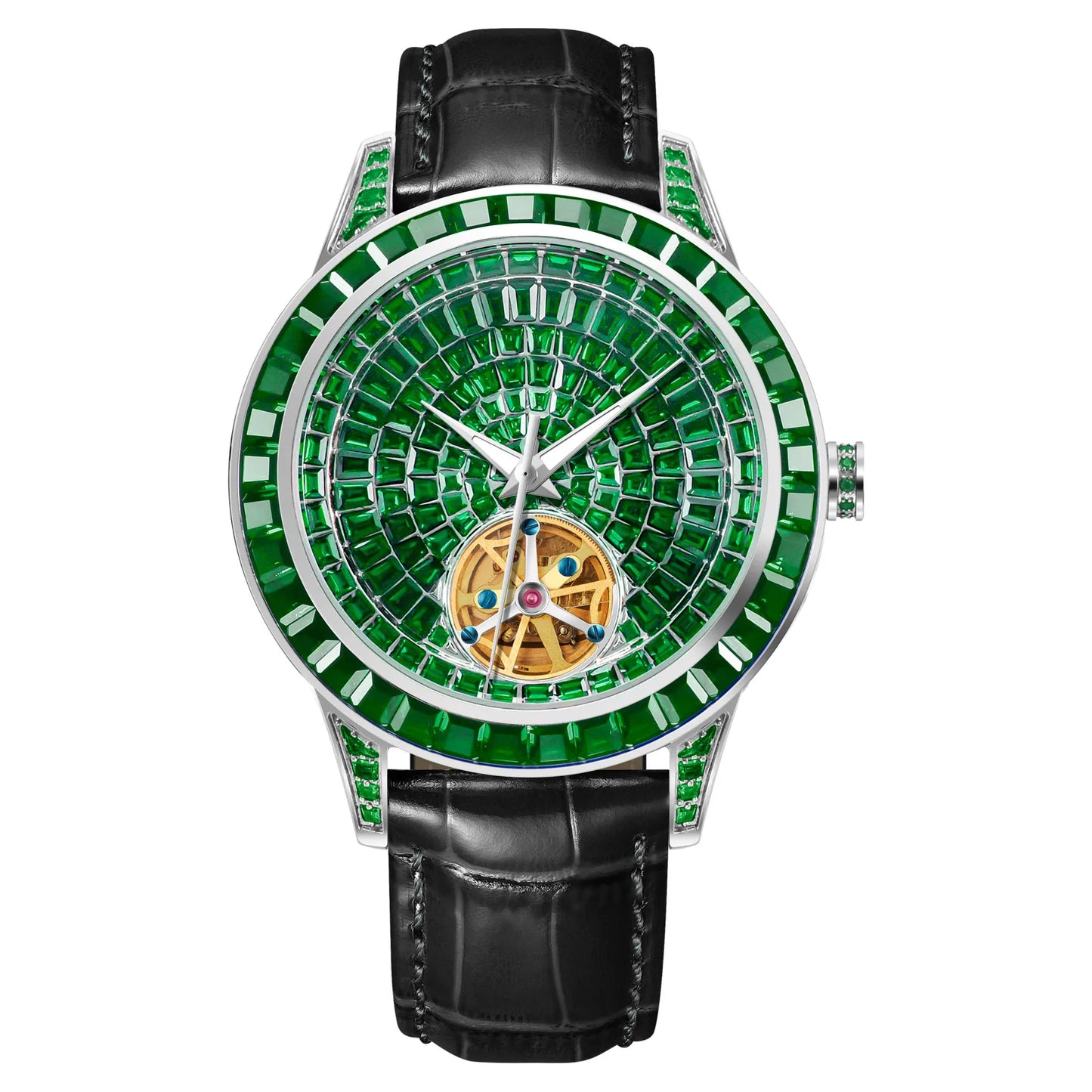 HAEMMER tourbillon mechanical watch with diamond-style dial and leather strap