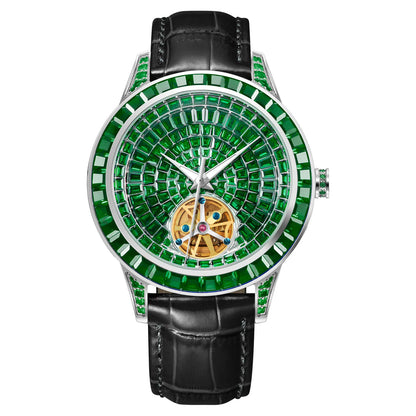 HAEMMER tourbillon mechanical watch with diamond-style dial and leather strap