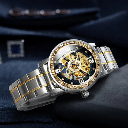 Forsining Luxury Diamond Mechanical Watches Luminous Hands Retro Skeleton Gold Watch for Men Stainless Steel Strap Wristwatches