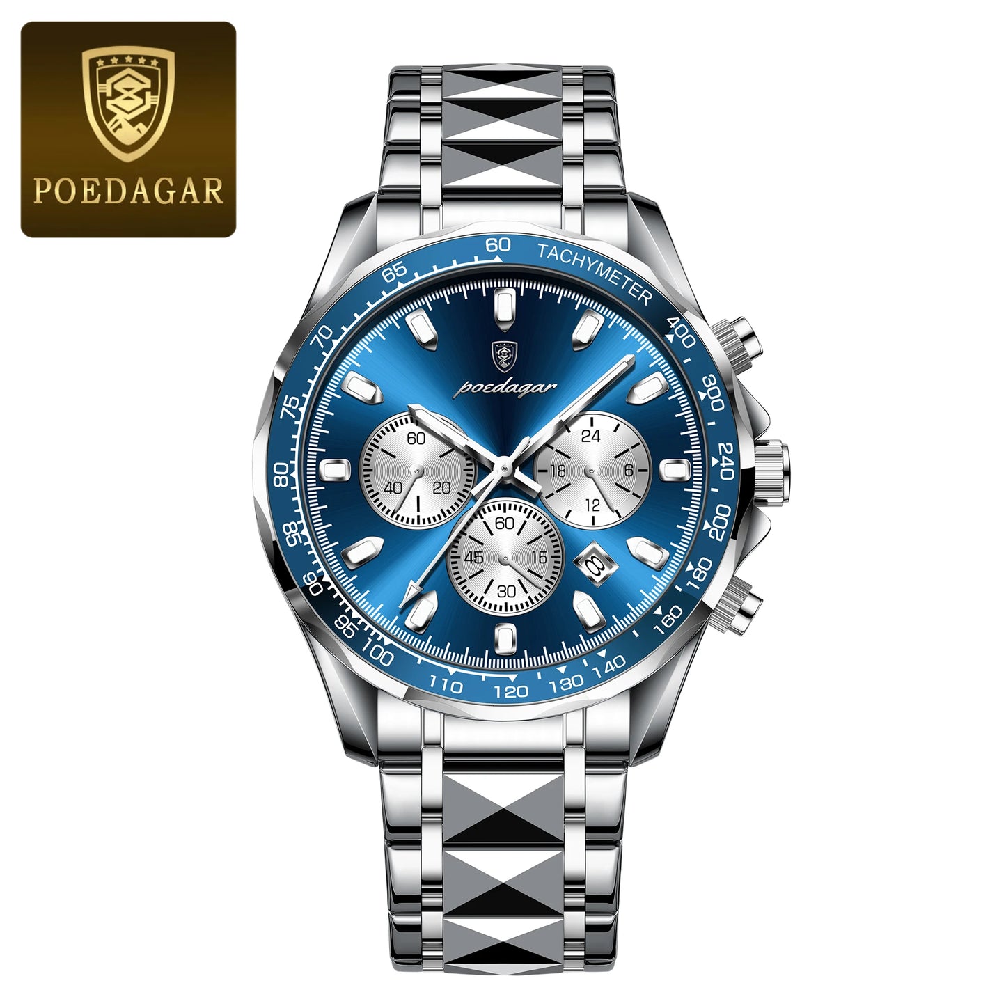 POEDAGAR Montre Homme Luxe Étanche Lumineuse en Acier Inoxydable Montre Chronographe à Quartz avec Date pour Homme d'Affaires