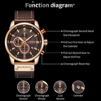 CURREN 8291 Montre Bracelet Homme Quartz Chronographe Cuir Décontracté Militaire Sport Mode Gentleman