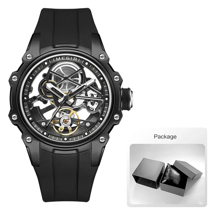 MEGIR Sports Automatic Mechanical Watch for Men Fashion Stainless Steel Cased Wristwatch with White Silicone Strap Skeleton Dial