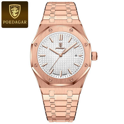 POEDAGAR Montre-bracelet de luxe pour homme étanche lumineuse Date Montre homme en acier inoxydable Montres à quartz tendance pour homme Reloj