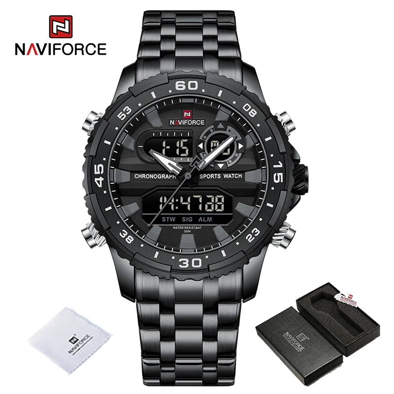 Montres Homme NAVIFORCE Original Tendance Marque LCD Affichage Analogique Numérique Quartz Homme Horloge 30m Étanche Lumineuse Montre-Bracelet Homme