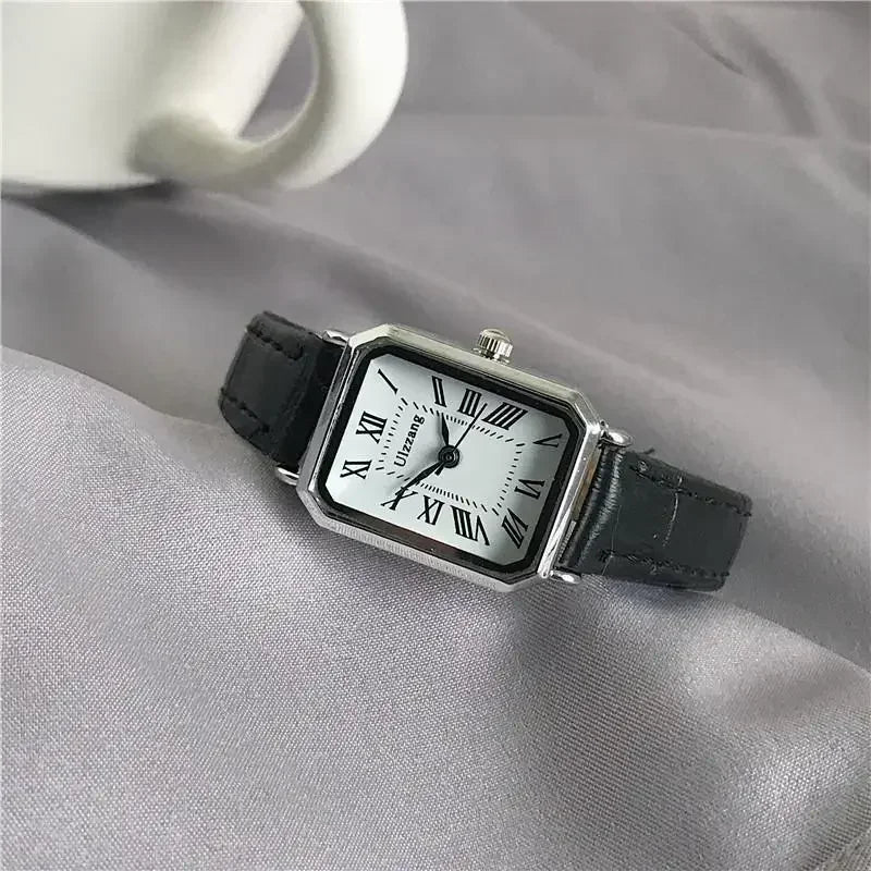 Women's rectangle watch with leather strap and vintage-inspired dial
