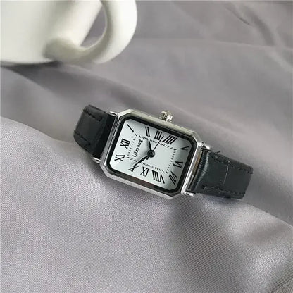 Women's rectangle watch with leather strap and vintage-inspired dial
