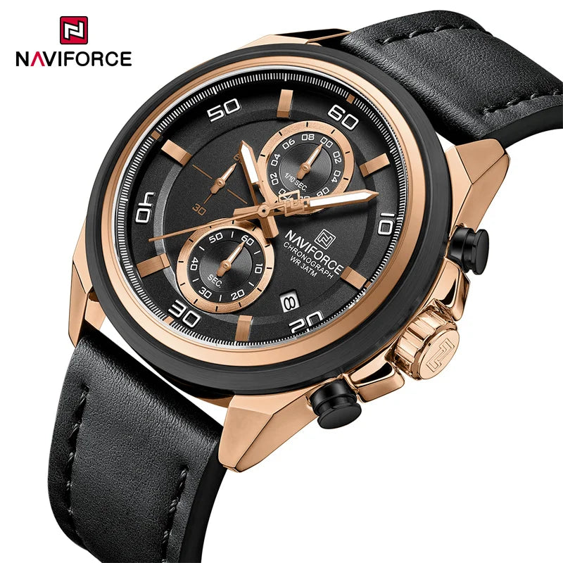 Montre homme décontractée NAVIFORCE Résistante à l'eau 3 ATM, calendrier, cadran lumineux avec bracelet en cuir, cadeau, design original