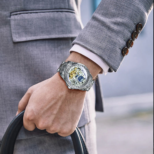 Forsining Luxury Gold Skeleton Mechanical Watches Moon Phase Retro Engraved Luminous Tourbillon Automatic Mens Watch Steel Strap