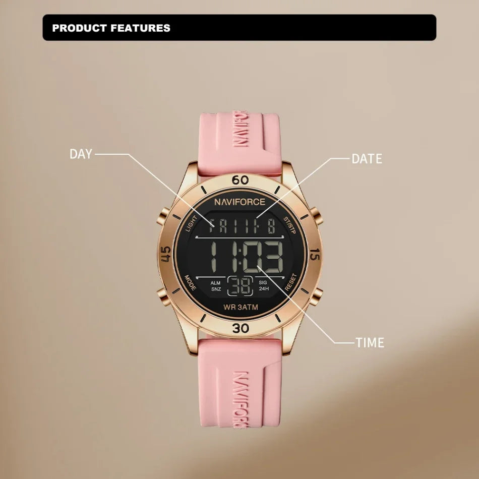 NAVIFORCE NF5054 Montre Sport Étanche LCD Numérique Jour et Date Bracelet Silicone Électronique