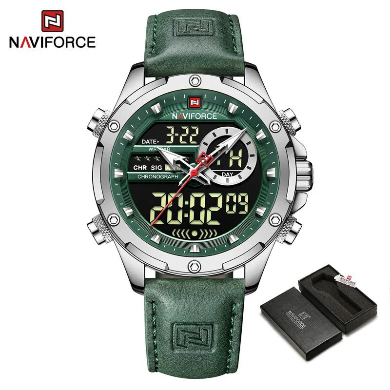 NAVIFORCE Montre tendance homme, charmante et accrocheuse, affichage du jour, de la date et de l'heure, bracelet en cuir souple, aiguille lumineuse, affichage LED, cadeau homme