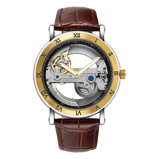 Skeleton automatic watch with leather strap and open-work dial
