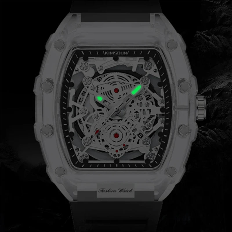 Montre Décontractée Tendance pour Homme Montre à Quartz pour Homme avec Cadran Lumineux, Fonction Calendrier, Bracelet en Silicone, Boîtier Transparent en Forme de Tonneau Reloj