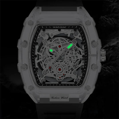 Montre Décontractée Tendance pour Homme Montre à Quartz pour Homme avec Cadran Lumineux, Fonction Calendrier, Bracelet en Silicone, Boîtier Transparent en Forme de Tonneau Reloj