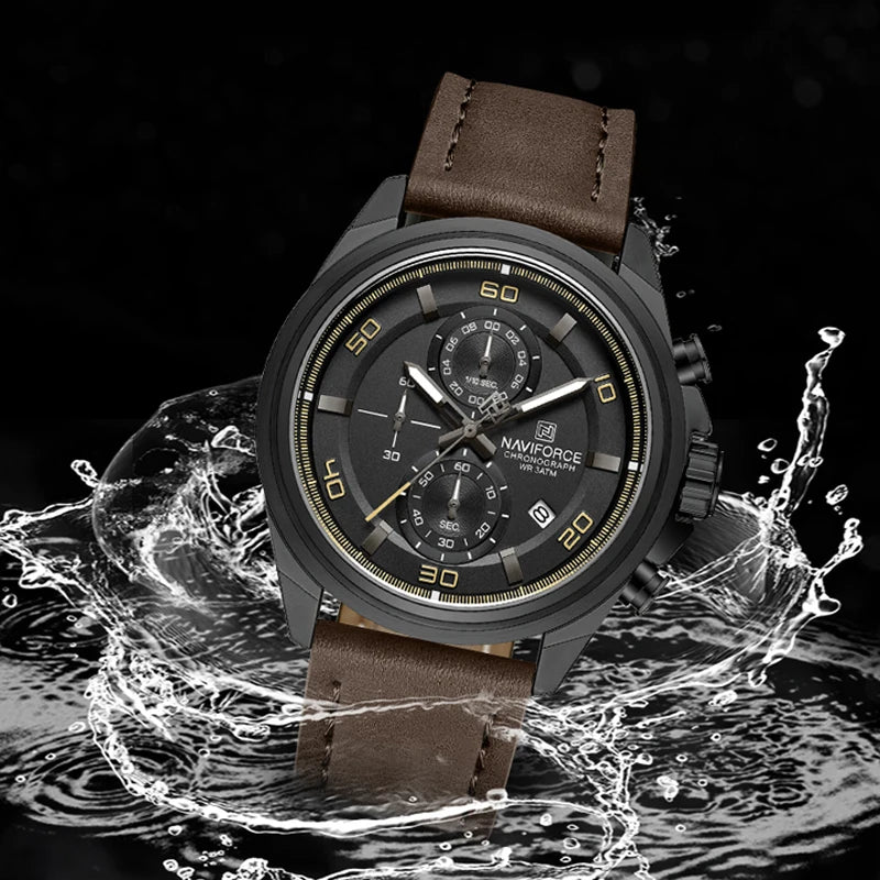 Montre homme décontractée NAVIFORCE Résistante à l'eau 3 ATM, calendrier, cadran lumineux avec bracelet en cuir, cadeau, design original