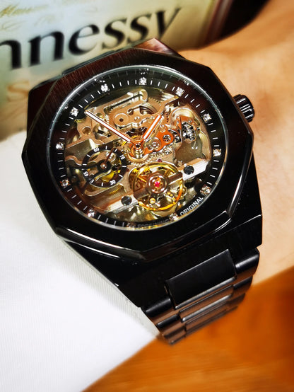 Montre mécanique automatique décontractée Forsining pour hommes, aiguilles lumineuses, bracelet en acier inoxydable, montres squelettes de luxe à la mode pour hommes