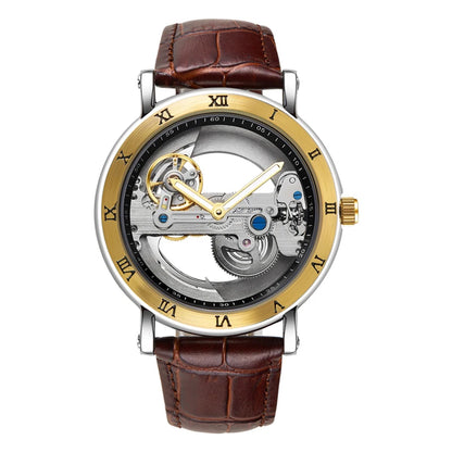 Skeleton automatic watch with leather strap and open-work dial