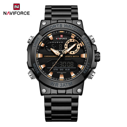 Montre numérique à quartz NAVIFORCE pour hommes, étanche, lumineuse, avec date, bracelet en acier inoxydable, chronographe, montres de sport