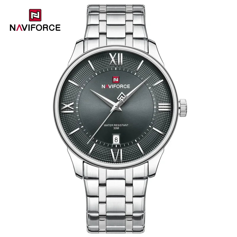 NAVIFORCE Nouvelle Montre à Quartz pour Homme avec Bracelet en Acier Inoxydable, Calendrier, Modèle Business Décontracté, Étanche et Antichoc