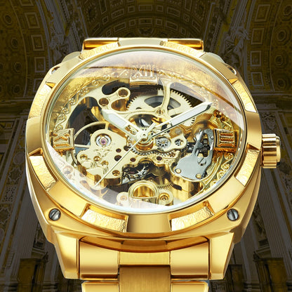 Forsining Square Gold Skeleton Automatic Men Watch Engraved Movement Luminous Hands Mechanical Watches Luxury Stainless Steel