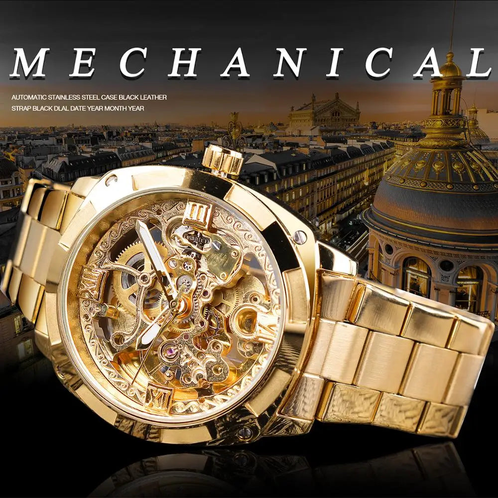 Forsining Montre Mécanique Automatique Transparente Rétro pour Hommes Marque de Luxe Aiguilles Lumineuses Dorées Squelette