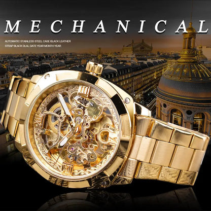 Forsining Montre Mécanique Automatique Transparente Rétro pour Hommes Marque de Luxe Aiguilles Lumineuses Dorées Squelette