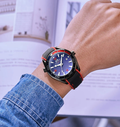 Automatic Mens Watch Mechanical Self Wind Movement Canvas Rubber Strap Orange Blue Red Luxury Fashion Watches