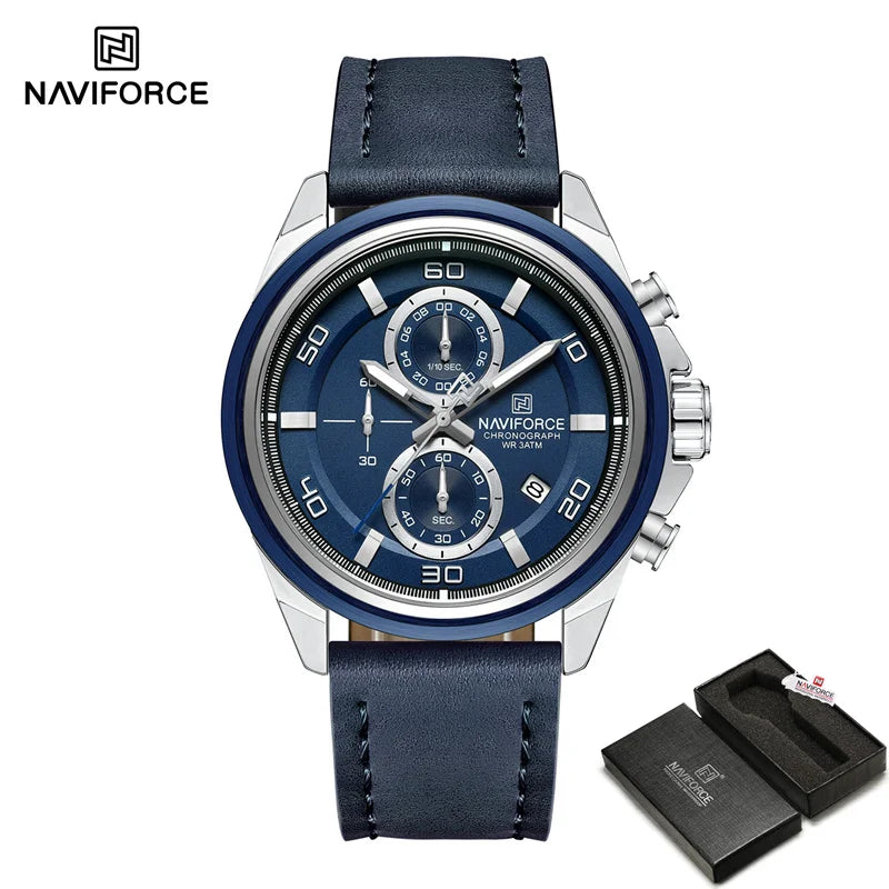 Montre homme décontractée NAVIFORCE Résistante à l'eau 3 ATM, calendrier, cadran lumineux avec bracelet en cuir, cadeau, design original