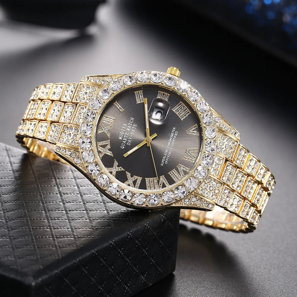 Classic Golden Steel Strap Roman Scale Calendar Watch