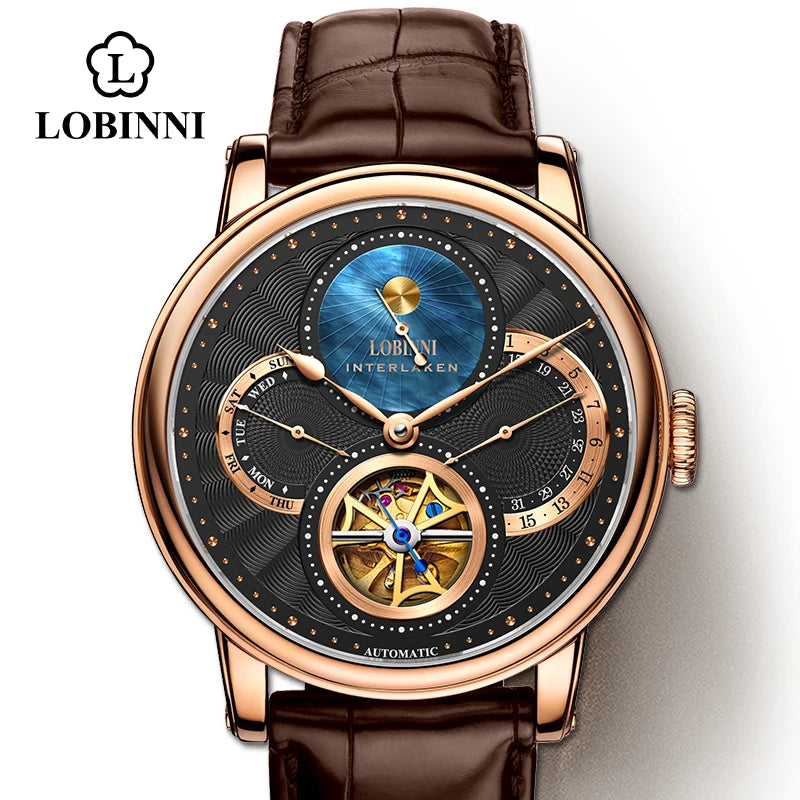 Montre LOBINNI Homme Automatique Or Montres Mécaniques Bracelets de Montre Mode bracelet sportif chronographe Squelette Saphir Marques de Montres