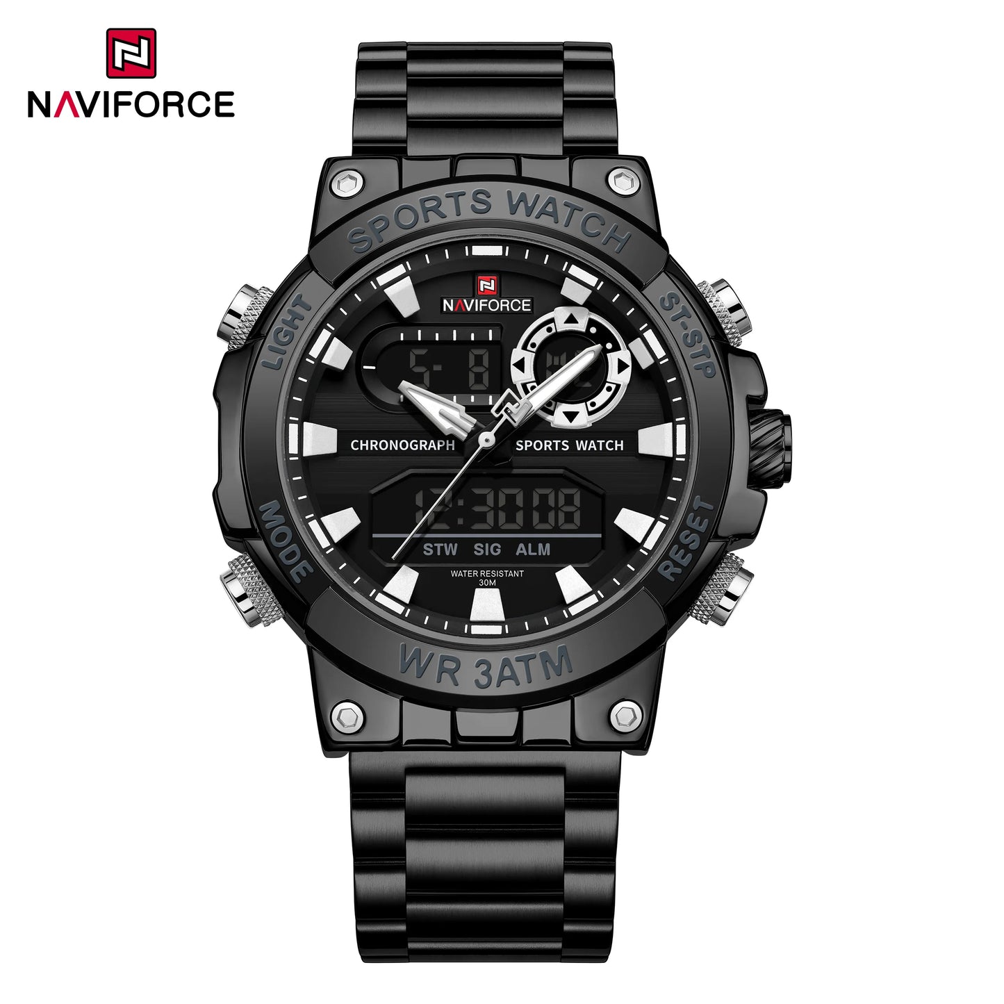 Montre numérique à quartz NAVIFORCE pour hommes, étanche, lumineuse, avec date, bracelet en acier inoxydable, chronographe, montres de sport