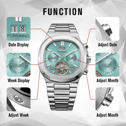 Forsining 481 Montre Militaire Homme Tourbillon Aiguilles Date Jour Montres Mécaniques Automatiques Acier Inoxydable Horloge Relogio Masculino