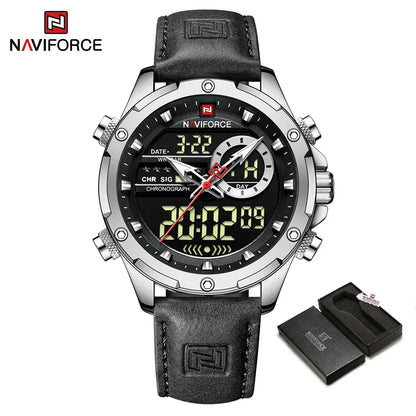 NAVIFORCE Montre tendance homme, charmante et accrocheuse, affichage du jour, de la date et de l'heure, bracelet en cuir souple, aiguille lumineuse, affichage LED, cadeau homme