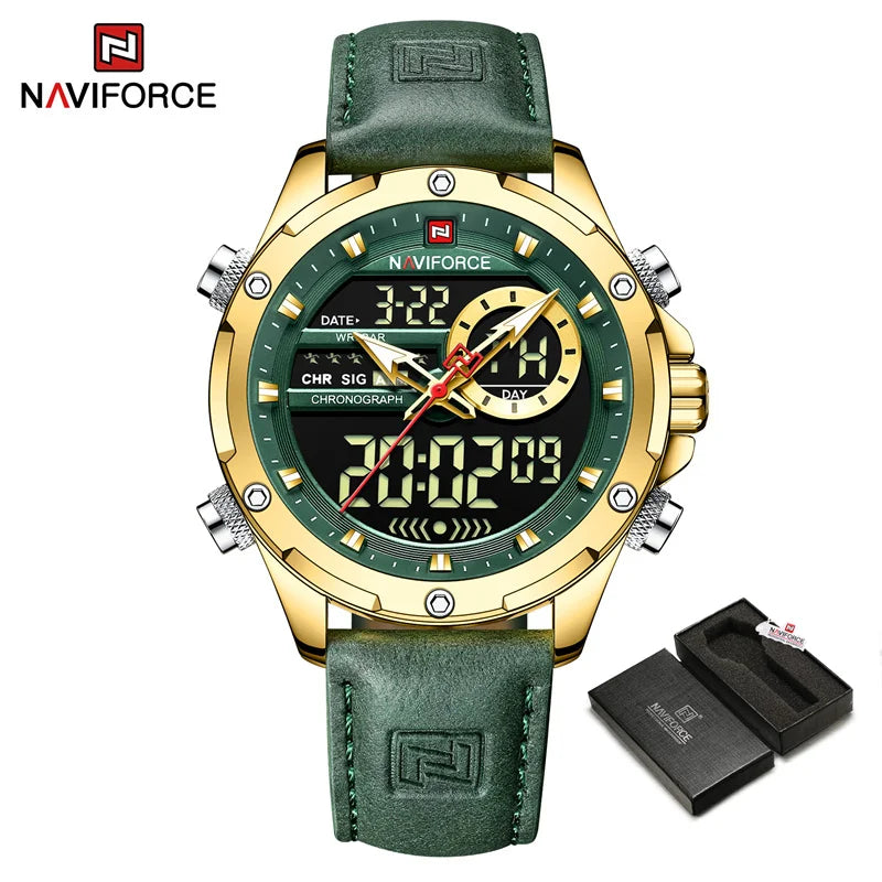 NAVIFORCE Montre tendance homme, charmante et accrocheuse, affichage du jour, de la date et de l'heure, bracelet en cuir souple, aiguille lumineuse, affichage LED, cadeau homme
