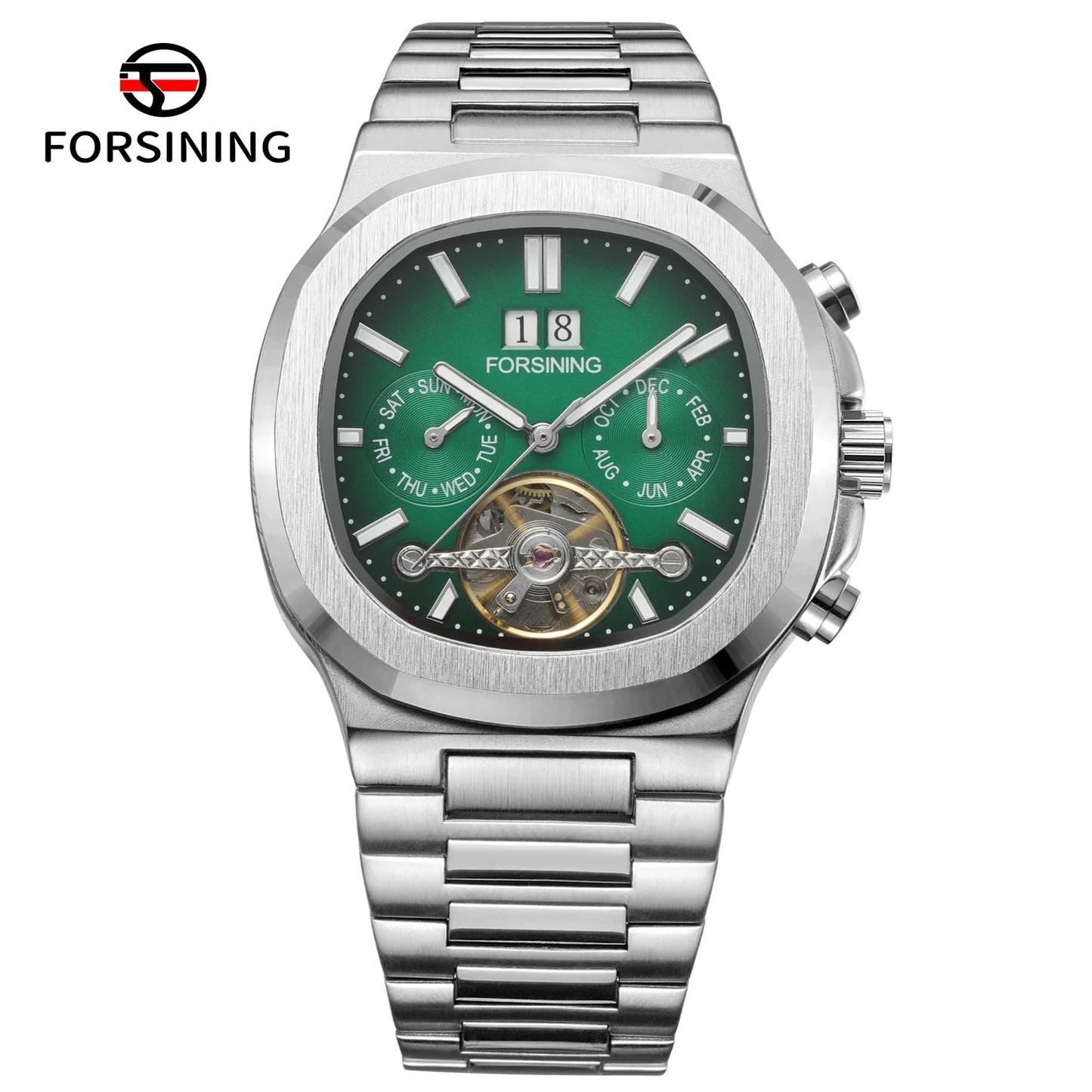Forsining 481 Homme Nouvelle Montre Tourbillon de Marque, Date de la Semaine, Mouvement Automatique, Montres Mécaniques en Acier Inoxydable, Horloge Étanche