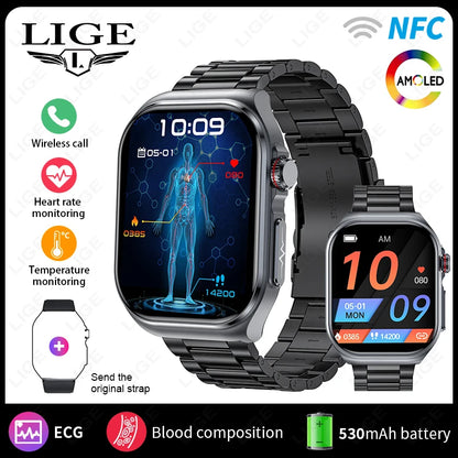 Montre intelligente LIGE AMOLED ET585 pour hommes avec ECG, surveillance de la composition sanguine, appels Bluetooth, suivi de la condition physique pour femmes, smartwatch.