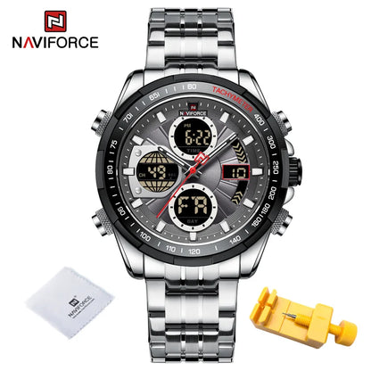 NAVIFORCE Montre-bracelet de sport décontractée pour homme en acier inoxydable étanche lumineuse à double affichage à quartz Horloge Homme Reloj Hombre