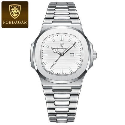 POEDAGAR Montre Homme Carrée Tendance Acier Inoxydable Étanche Lumineuse Date Exquise Montre-Bracelet Masculine Montres à Quartz Pour Hommes